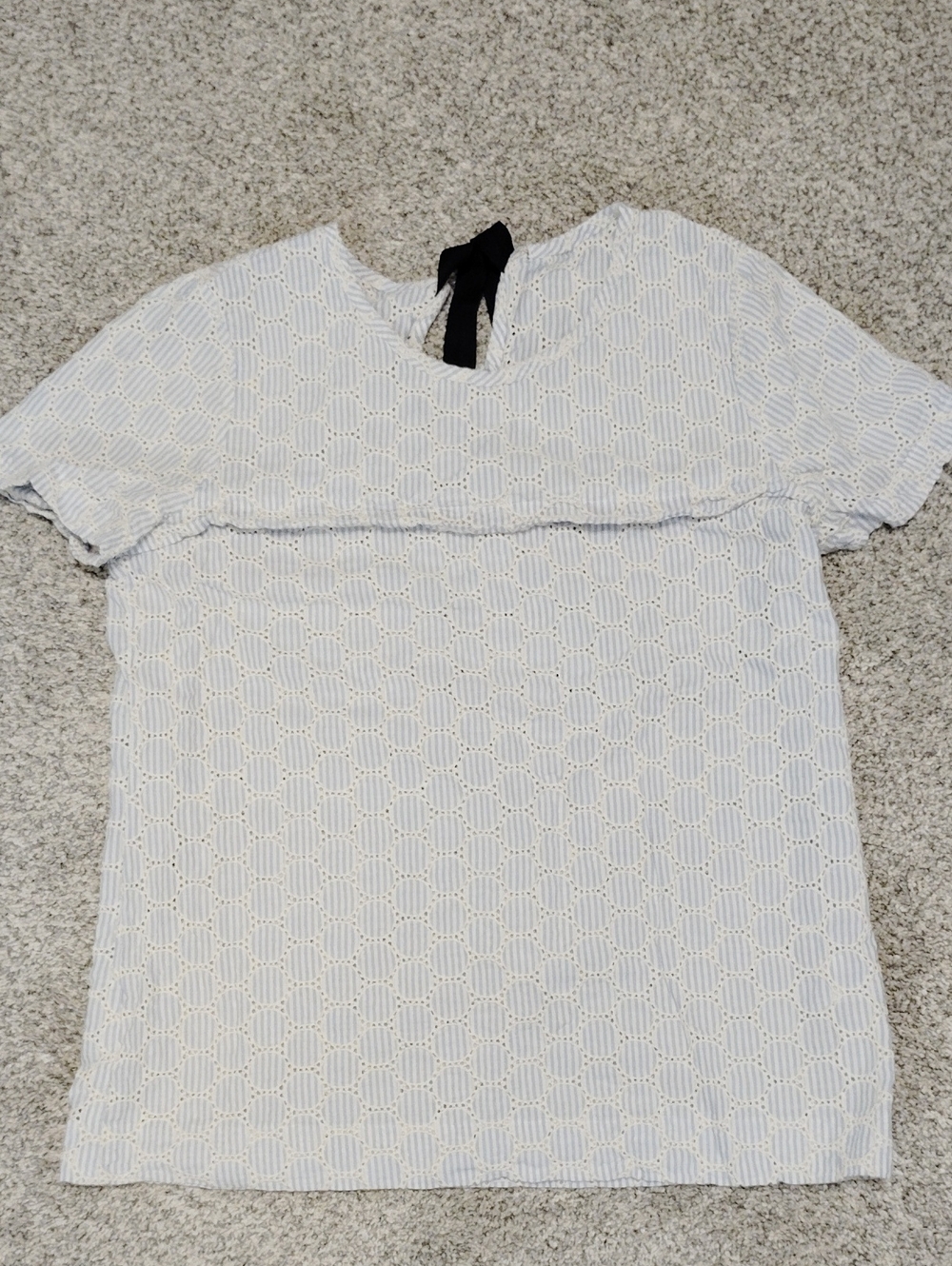 J. Crew White Eyelet Short Sleeve Blouse with Black Neck Tie